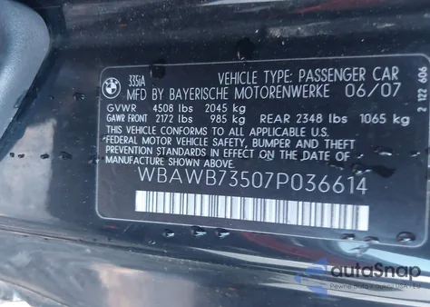 2007 BMW 335I из США, поврежденный, VIN WBAWB73507P036614